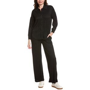 Marion Womens 2P Crinkled Plisse Button Shirt & Pant Set, Black